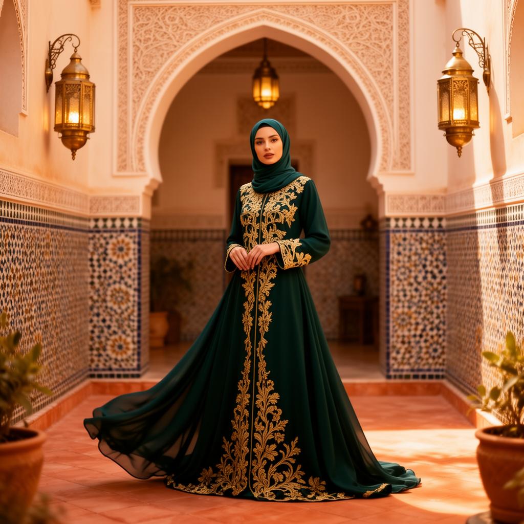 Woman wearing an emerald and gold embroidered abaya in a Moroccan riad